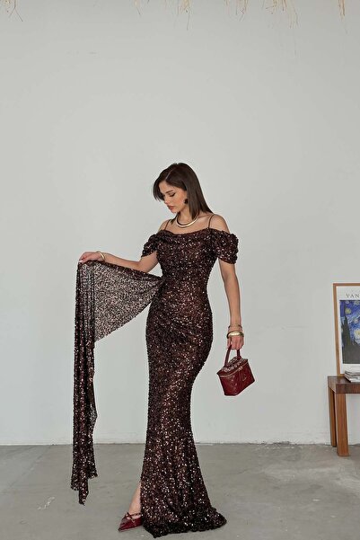 MyLoore Γυναικείο μακρύ βραδινό φόρεμα με καφέ παγιέτες – Φόρεμα αποφοίτησης,...