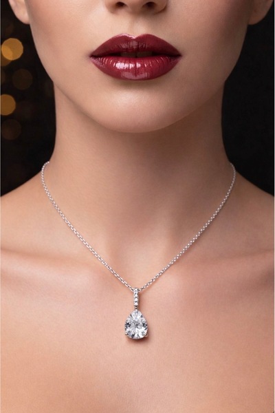 SY AKSESUAR Silver Color Row Stone White Drop Model Sf Chain Steel Necklace