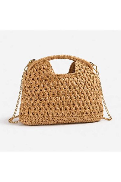 themoiss The Moi̇ss Gold Chain Detailed Straw Hand and Shoulder Bag