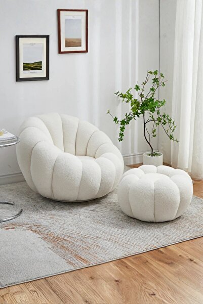 Generic كرسي استرخاء دوار 360 درجة مع مسند للقدمين، كرسي عصري أبيض اللون