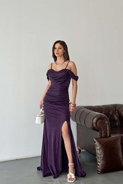 MyLoore Γυναικείο μωβ φόρεμα με σχισμή και λεπτομέρειες, μακρύ βραδινό φόρεμα...