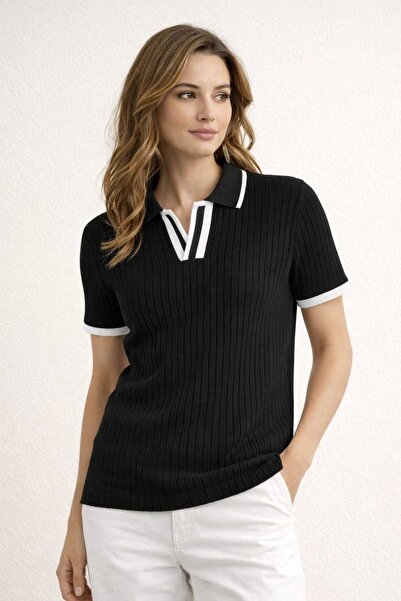 threeoff Γυναικείο πλεκτό μπλουζάκι με λαιμόκοψη πόλο και κορδόνια, Premium Ν...