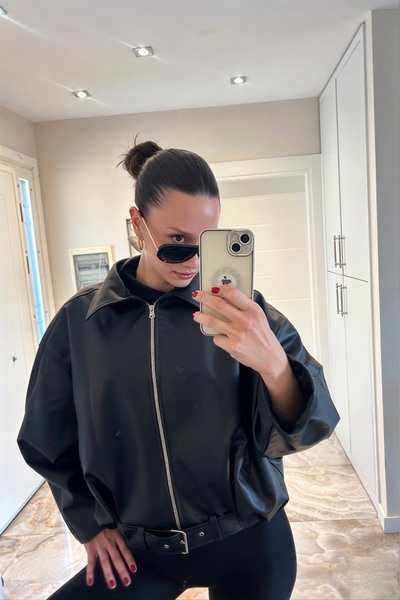 COJIKO Women's Oversize Bomber Black Leather Jacket with Belt