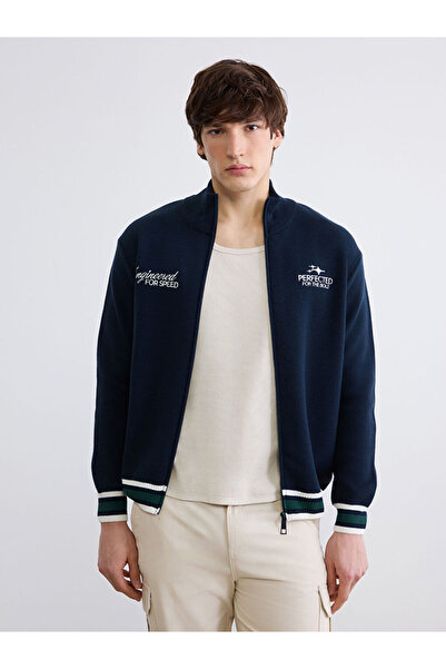 LC Waikiki Navy Blue Stand Collar Embroidered Men's Knitwear Cardigan