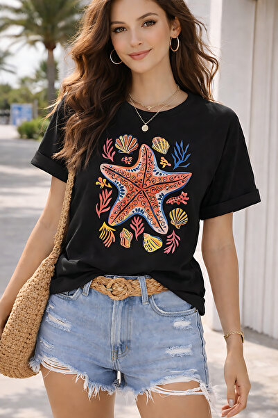 ArtYus Sea Star Printed Unisex Oversize T-Shirt – Cotton Crew Neck Summer Bea...