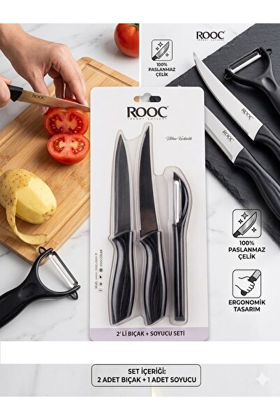 ROOC 3 Parça Paslanmaz Çelik Mutfak Bıçağı ve Soyucu Seti