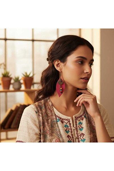 toptanhanem Red Genuine Leather Leaf Shaped Ethnic Earrings - Antique Yellow ...