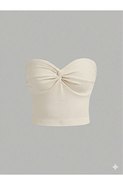 Wildco Ecru Strapless Front Knot Detailed Crop Blouse Women's Fit Cut Bustier...