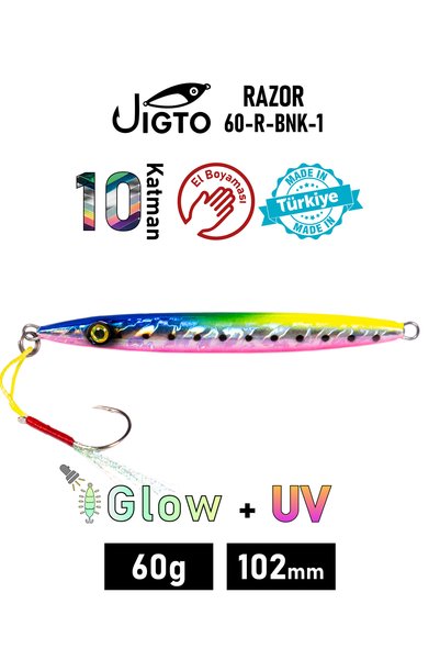 JIGTO Jig, Zoka, Suni Yem, Glow UV Metal Jig, 60Gr 10cm Razor 60