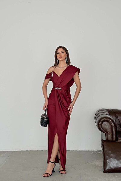 MyLoore Γυναικείο μπορντό μακρύ βραδινό φόρεμα με ντραπέ – Κομψό φόρεμα για ε...