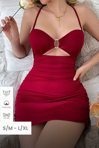 Imoda Γυναικείο μπορντό νυχτικό με ντραπέ σχέδιο, χαμηλό ντεκολτέ, με πέτρινη...