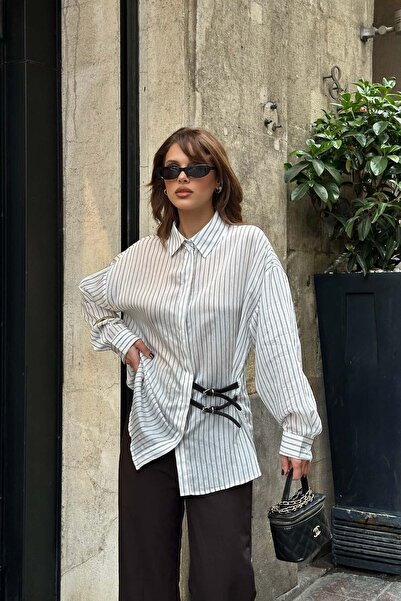 MyLoore قميص نسائي كبير الحجم بخطاف مخطط بلون إكرو - تصميم عصري أنيق MLB173