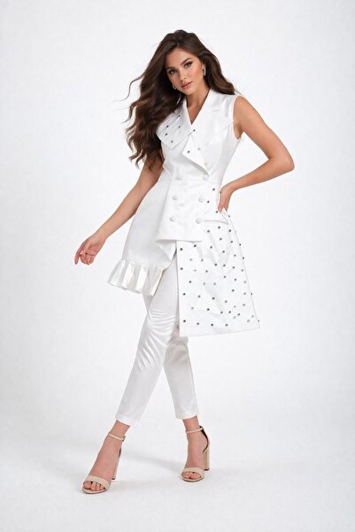 ALYEL NAKER Stone Embellished Asymmetrical Jacket & Satin Pants Top & Bottom Set