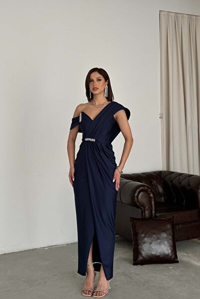 MyLoore Γυναικείο μακρύ βραδινό φόρεμα σε σκούρο μπλε με ντραπέ σχέδιο – Κομψ...