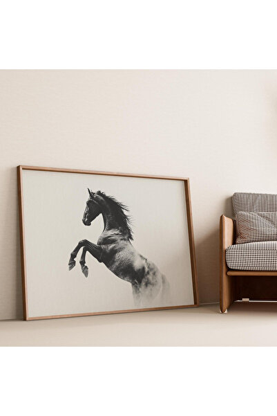 Tuba Decor Tek Parça Ahşap Çerçeveli Tablo siyah şahlanmış at