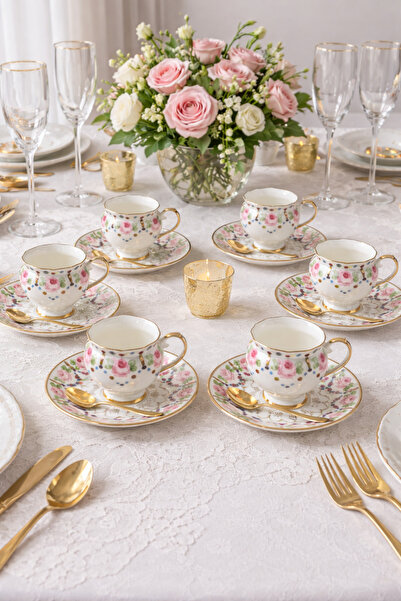 BY.RAYKA PORSELEN El Dekor Noba Porcelain Hand-Painted 6-Piece Cup Set