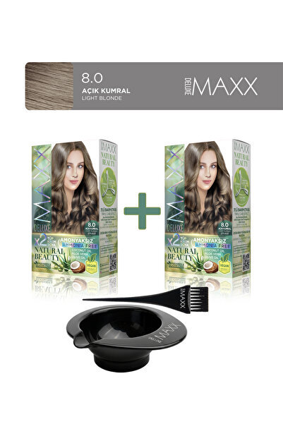 MAXX DELUXE 2'li Natural Beauty Amonyaksız Set Saç Boyası 8.0 Açık Kumral, Bo...