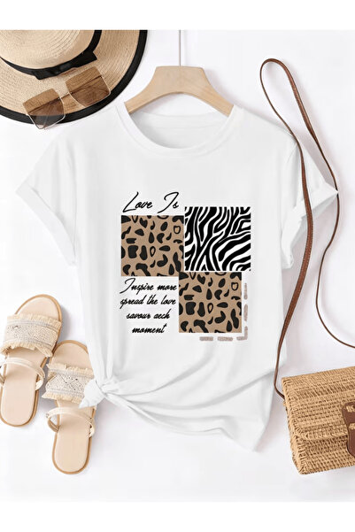 one button تي شيرت فاخر كبير الحجم مطبوع عليه حروف الحب وتفاصيل جلد الفهد