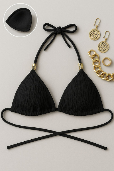 Imoda Kadın Siyah Pedli Üçgen Bikini Üstü Halter Bağlamalı Aksesuarlı