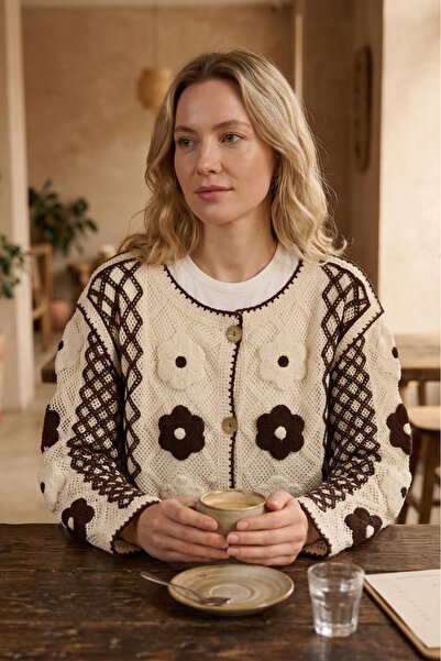 FERHEL Daisy Pattern Detailed Buttoned Openwork Knitwear Cardigan - Brown