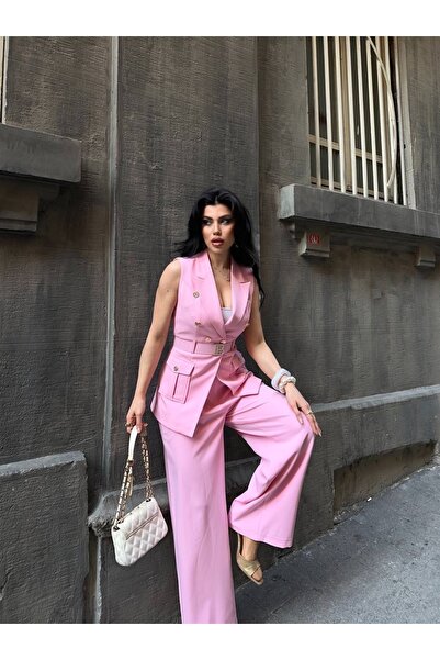 Celiora Women's Sleeveless Double-Breasted Vest Trouser Suit with Belt and Bu...