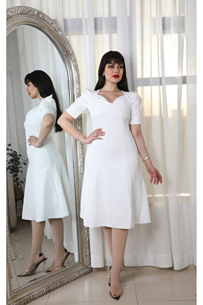 Stylish Fashion Stylish Fashion Turkish Midi White Dress with Soft Bust Cut