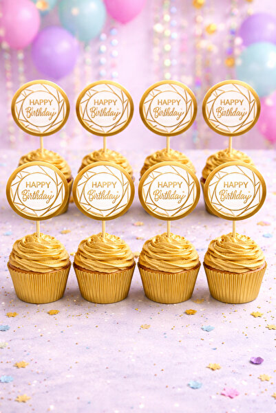 Baloncu Dede Gold Happy Birthday Cake Picks 16 Pieces Gold Cake Decoration Cu...