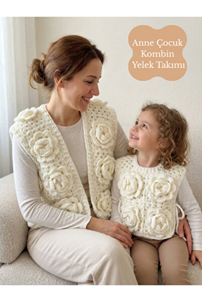 PAMUK ZAMANI Bohem Tarz Tığ İşi Üç Boyutlu Gül Desenli Anne Bebek Örgü Yelek ...