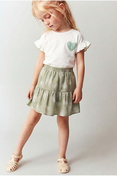 Magu Girl's Cotton Ecru Green Daisy Patterned Skirt Set - Heart Printed Ruffl...