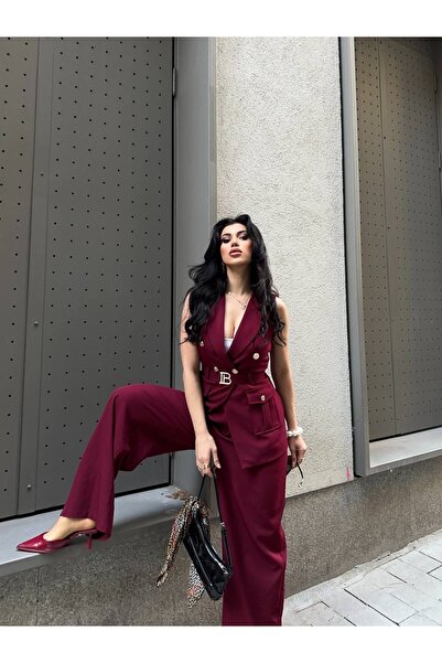 Celiora Women's Sleeveless Double-Breasted Vest Trouser Suit with Belt and Bu...