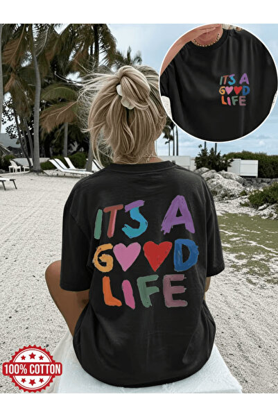 one button إنه حياة جيدة تي شيرت مطبوع على الوجهين بحجم كبير