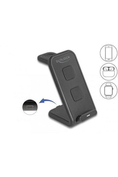 DELOCK 3 in 1 wireless charger, 66941, Maximum 15W, USB-C, Anti-slip base, Black