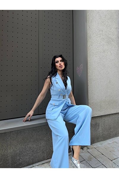 Celiora Women's Sleeveless Double-Breasted Vest Trouser Suit with Belt and Bu...