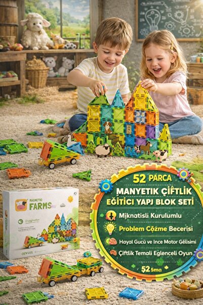 TOYFEST Magnetic 52 Parça Manyetik Çiftlik Hayvanlı Eğitici Yapı Blok Seti Ço...