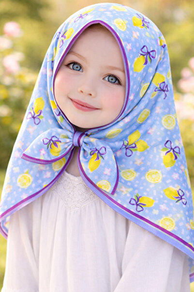 HAKİ STORE Kız Çocuk Eşarp Başörtü Lila Sarı Limon Desen Pamuklu Eşarp 70x70c...