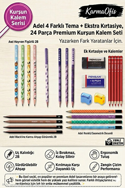 Adel 24 Parça Premium Kurşun Kalem Seti + Silgi + Kalemtıraş – 2B Çizim ve Ya...
