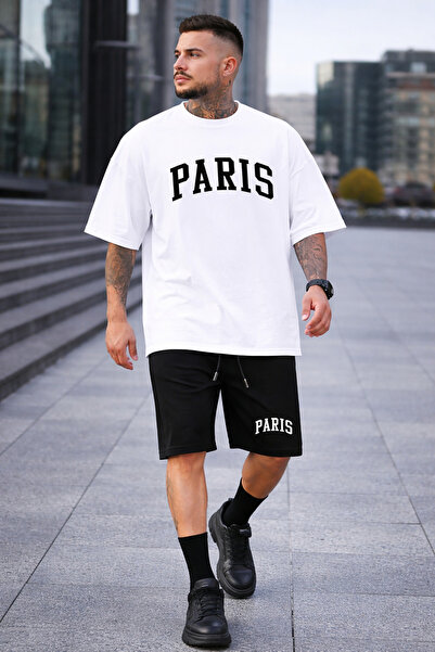 MARKATEM Men's Black Oversize T-Shirt Shorts Set Paris Printed Streetwear Sum...