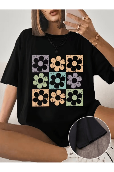 one button تصميم زهرة ملونة مطبوعة على تيشيرت فاخر كبير الحجم