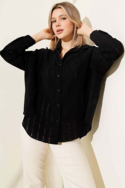 Moda Asrın Şerit Brodeli Oversize Basic Gömlek Siyah