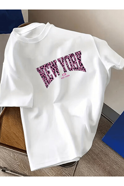 one button Μπλουζάκι New York Pink Leopard με στάμπα Premium Oversize