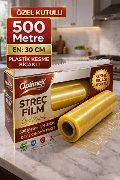 Streç Film 500 Metre 30 cm Özel Kutulu Plastik Kesme Bıçaklı Gıdaya Uygun Mutfak streç film