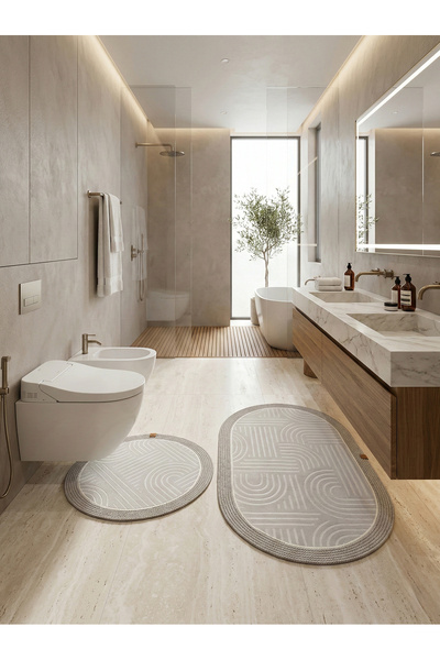 MELENA CARPET Premium Kaymaz Taban Banyo Paspası Jüt Kenar Detaylı Oval Yuvar...
