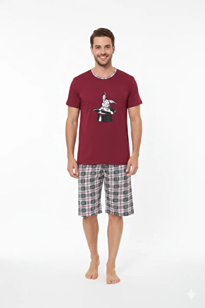 Serena Men's cotton pajamas, short sleeves and 3/4 pants, rabbit print, red