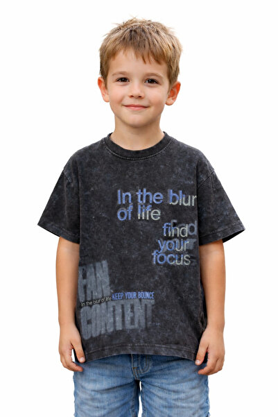 İrem Çocuk Giyim Boy's Washable Model T-Shirt with Blur Text Pattern in Black...