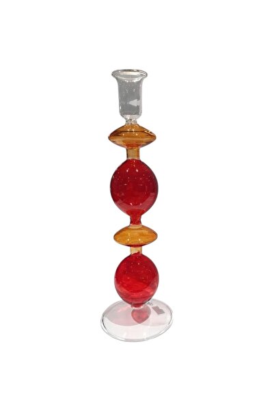 B&D Glass Candle Holder, 20cm Height, Red and Amber Decorative Design, Indoor...
