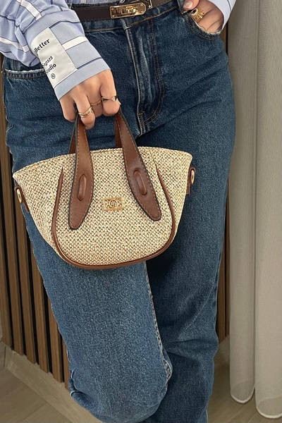 Fibag Women's Straw Look Hand and Shoulder Bag with Tan Handle Detail - Adjus...