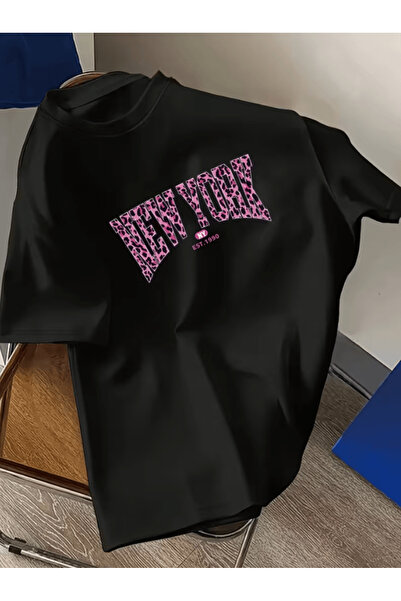 one button Μπλουζάκι New York Pink Leopard με στάμπα Premium Oversize