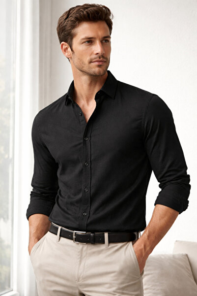 esperenza Erkek Siyah Slim Fit Gömlek Likralı Dar Kesim Şık Günlük & Klasik K...