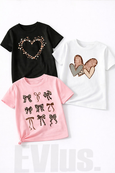 EVIus Children's Ribbon Heart Butterfly Printed Combed Cotton 3-Piece T-Shirt...