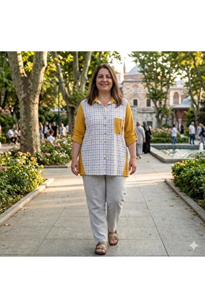Royteks Fashion Ekose Desenli Pamuklu Keten şık kadın Tunik Gömlek